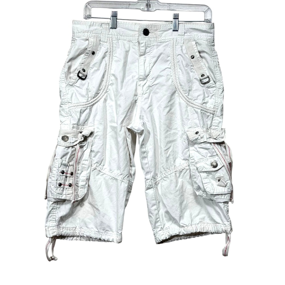 Rebel & Soul Cargo Shorts Men 30 White Y2K Utility Multi Pocket Streetwear